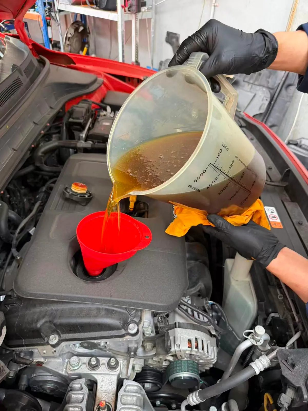 Fresh engine oil being poured into a Hyundai Kona through a funnel during its logbook service