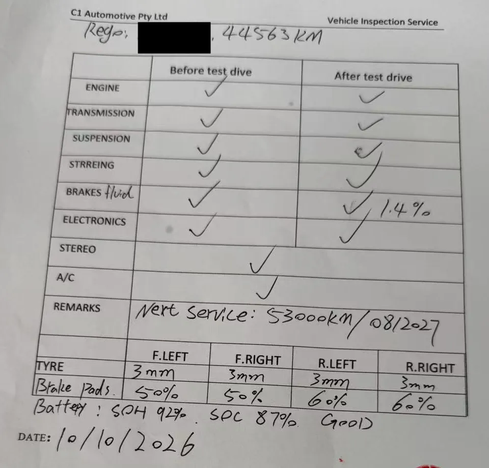 C1 Automotive written inspection report for the Hyundai Kona at 44,563 km, dated 10 October 2026: engine, transmission, suspension, steering, brakes and electronics checked before and after a test drive; tyres 3 mm on all four; brake pads 50% front and 60% rear; brake fluid 1.4%; battery health 92%; next service 53,000 km or August 2027