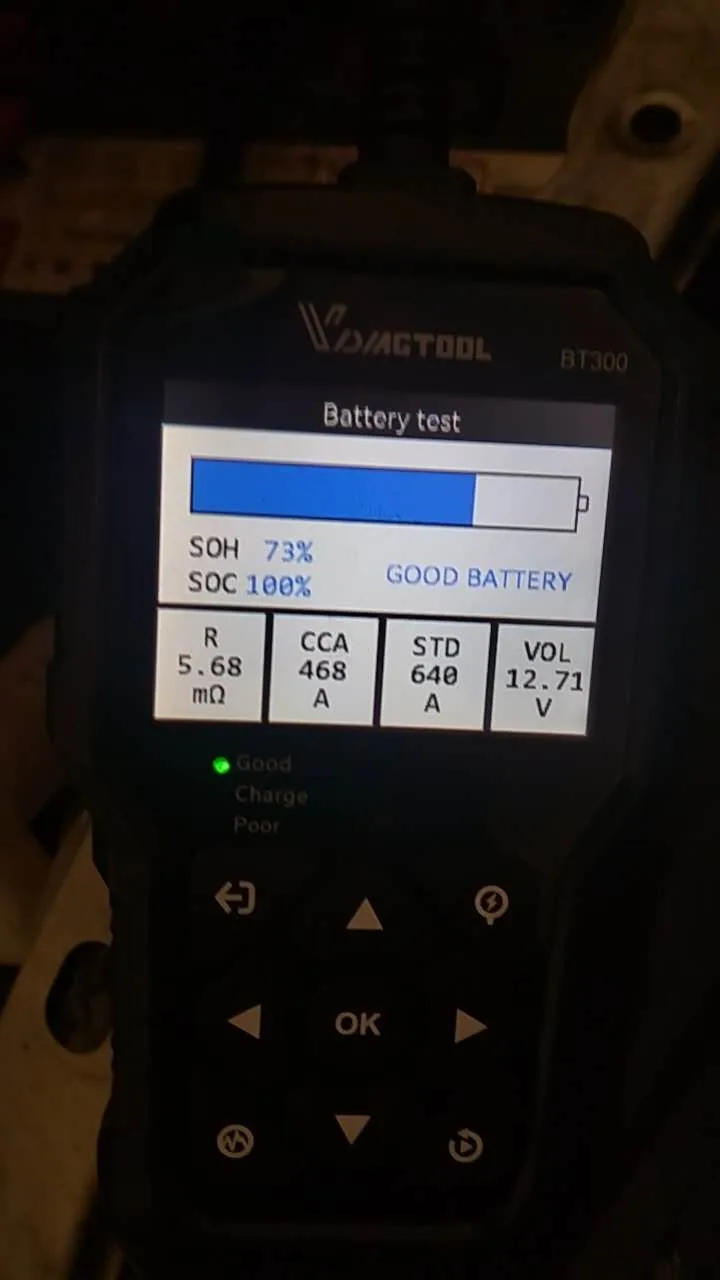 Electronic battery test displaying a good battery result during a Subaru Forester service