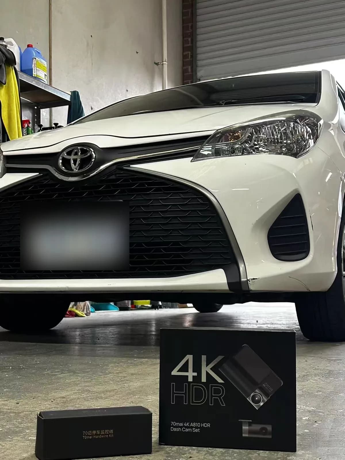 Toyota Yaris with a 70mai A810 4K HDR dash cam set and hardwire kit at a Melbourne workshop